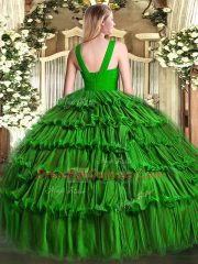 Teal Ball Gowns V-neck Sleeveless Organza Floor Length Zipper Ruffled Layers Quinceanera Dress