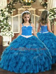 Trendy Appliques and Ruffles Kids Pageant Dress Blue Lace Up Sleeveless Floor Length
