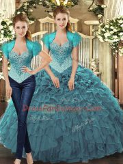 Flirting Teal Lace Up Straps Beading and Ruffles Sweet 16 Quinceanera Dress Tulle Sleeveless