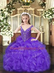Lavender Organza Lace Up V-neck Sleeveless Floor Length Custom Made Pageant Dress Beading and Ruffles