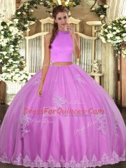 Flare Lilac Two Pieces Tulle Halter Top Sleeveless Beading and Appliques Floor Length Backless Vestidos de Quinceanera