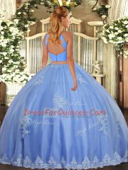 Flare Lilac Two Pieces Tulle Halter Top Sleeveless Beading and Appliques Floor Length Backless Vestidos de Quinceanera