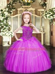 Ball Gowns Child Pageant Dress Fuchsia Scoop Tulle Sleeveless Floor Length Zipper