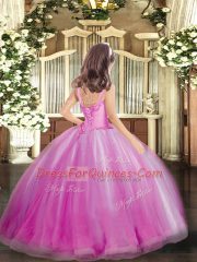 Superior Lavender Ball Gowns Appliques Girls Pageant Dresses Lace Up Tulle Sleeveless Floor Length