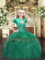 Fashion Sleeveless Tulle Floor Length Lace Up Pageant Dress for Teens in Dark Green with Beading and Ruffles