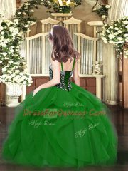 Fashion Sleeveless Tulle Floor Length Lace Up Pageant Dress for Teens in Dark Green with Beading and Ruffles