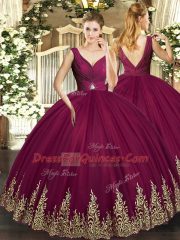 Glamorous Ball Gowns Quinceanera Dresses Burgundy V-neck Tulle Sleeveless Floor Length Backless