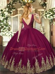Glamorous Ball Gowns Quinceanera Dresses Burgundy V-neck Tulle Sleeveless Floor Length Backless