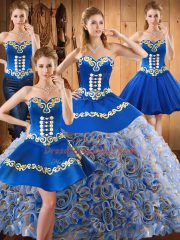 Customized Multi-color Satin and Fabric With Rolling Flowers Lace Up Sweetheart Sleeveless With Train Quinceanera Gown Sweep Train Embroidery