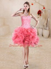 Fine Watermelon Red Lace Up Sweetheart Beading and Ruffles Homecoming Dress Organza Sleeveless