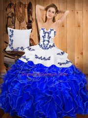 Blue And White Lace Up Sweet 16 Dress Embroidery and Ruffles Sleeveless Floor Length