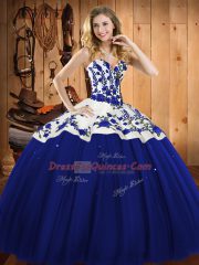 Custom Made Sleeveless Satin and Tulle Floor Length Lace Up Quinceanera Gown in Blue with Embroidery