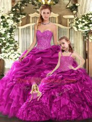 Beautiful Beading and Ruffles Sweet 16 Dress Fuchsia Lace Up Sleeveless Floor Length