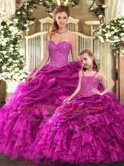 Beautiful Beading and Ruffles Sweet 16 Dress Fuchsia Lace Up Sleeveless Floor Length