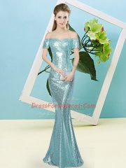 Floor Length Mermaid Short Sleeves Aqua Blue Zipper