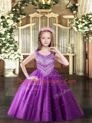 Lilac Ball Gowns Beading Evening Gowns Lace Up Tulle Sleeveless Floor Length