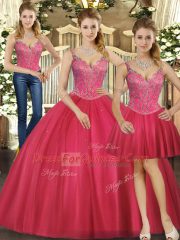 Top Selling Beading Quinceanera Dresses Hot Pink Lace Up Sleeveless Floor Length