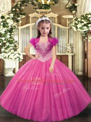 Hot Pink Ball Gowns Straps Sleeveless Tulle Lace Up Beading Kids Formal Wear