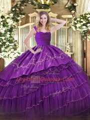 Eye-catching Eggplant Purple Sleeveless Embroidery and Ruffled Layers Floor Length Ball Gown Prom Dress