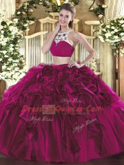 High Class Fuchsia Tulle Backless High-neck Sleeveless Floor Length 15th Birthday Dress Beading and Ruffles