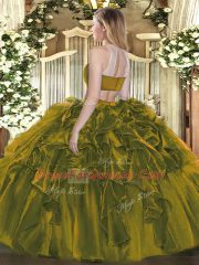 High Class Fuchsia Tulle Backless High-neck Sleeveless Floor Length 15th Birthday Dress Beading and Ruffles