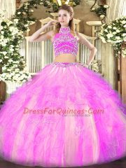 Glittering Sleeveless Beading and Ruffles Backless Quince Ball Gowns