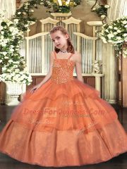 Trendy Organza Straps Sleeveless Lace Up Beading and Ruffled Layers Child Pageant Dress in Orange