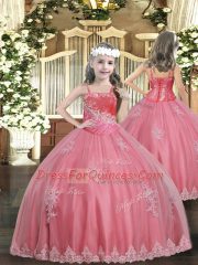 Custom Fit Straps Sleeveless Lace Up Girls Pageant Dresses Watermelon Red Tulle