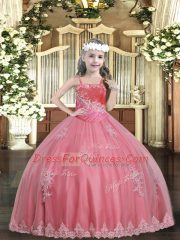 Custom Fit Straps Sleeveless Lace Up Girls Pageant Dresses Watermelon Red Tulle