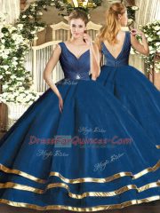 Navy Blue Ball Gowns V-neck Sleeveless Tulle Floor Length Backless Beading and Ruffled Layers Sweet 16 Quinceanera Dress