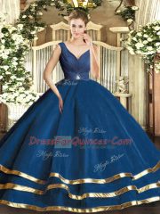 Navy Blue Ball Gowns V-neck Sleeveless Tulle Floor Length Backless Beading and Ruffled Layers Sweet 16 Quinceanera Dress