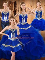 Romantic Blue Satin and Organza Lace Up Sweet 16 Quinceanera Dress Sleeveless Floor Length Embroidery and Ruffles