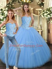 Fashionable Baby Blue Sleeveless Beading Floor Length Quinceanera Dresses