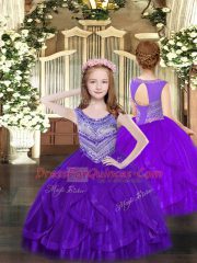 Purple Ball Gowns Tulle Scoop Sleeveless Beading and Ruffles Floor Length Lace Up Kids Formal Wear