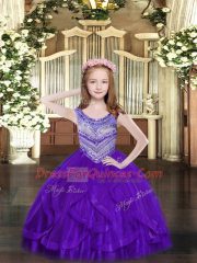 Purple Ball Gowns Tulle Scoop Sleeveless Beading and Ruffles Floor Length Lace Up Kids Formal Wear