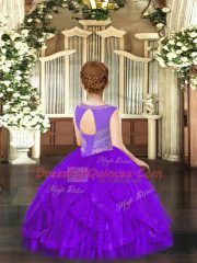 Purple Ball Gowns Tulle Scoop Sleeveless Beading and Ruffles Floor Length Lace Up Kids Formal Wear