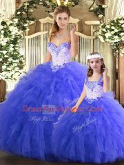 Top Selling Blue Sleeveless Floor Length Beading and Ruffles Lace Up Vestidos de Quinceanera