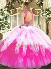 Multi-color Sleeveless Floor Length Beading and Ruffles Backless Ball Gown Prom Dress
