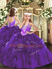 Enchanting Purple Organza Lace Up Little Girls Pageant Dress Sleeveless Floor Length Beading and Ruffles