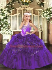 Enchanting Purple Organza Lace Up Little Girls Pageant Dress Sleeveless Floor Length Beading and Ruffles