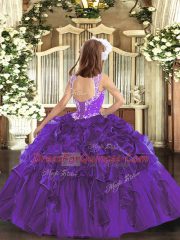 Enchanting Purple Organza Lace Up Little Girls Pageant Dress Sleeveless Floor Length Beading and Ruffles