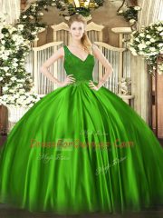 Beauteous Green Ball Gowns Taffeta V-neck Sleeveless Beading Floor Length Zipper Ball Gown Prom Dress