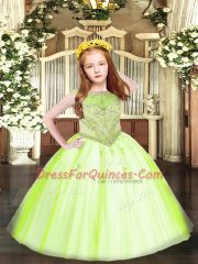Stunning Yellow Green Ball Gowns Tulle Scoop Sleeveless Beading and Appliques Floor Length Zipper Little Girl Pageant Gowns