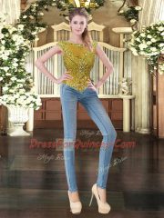 Suitable Scoop Sleeveless Vestidos de Quinceanera Floor Length Beading and Ruffles Gold Tulle