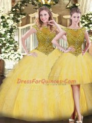 Suitable Scoop Sleeveless Vestidos de Quinceanera Floor Length Beading and Ruffles Gold Tulle