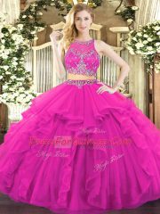 Luxurious Scoop Sleeveless Quinceanera Gown Floor Length Beading and Ruffles Fuchsia Tulle
