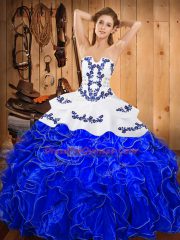 Classical Floor Length Ball Gowns Sleeveless Blue And White Sweet 16 Dress Lace Up
