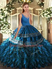 Top Selling Sleeveless Organza Floor Length Backless Quinceanera Gown in Blue with Beading and Appliques and Ruffles