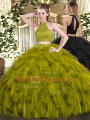 Captivating Olive Green Halter Top Backless Beading and Ruffles Quinceanera Dresses Sleeveless