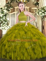 Captivating Olive Green Halter Top Backless Beading and Ruffles Quinceanera Dresses Sleeveless